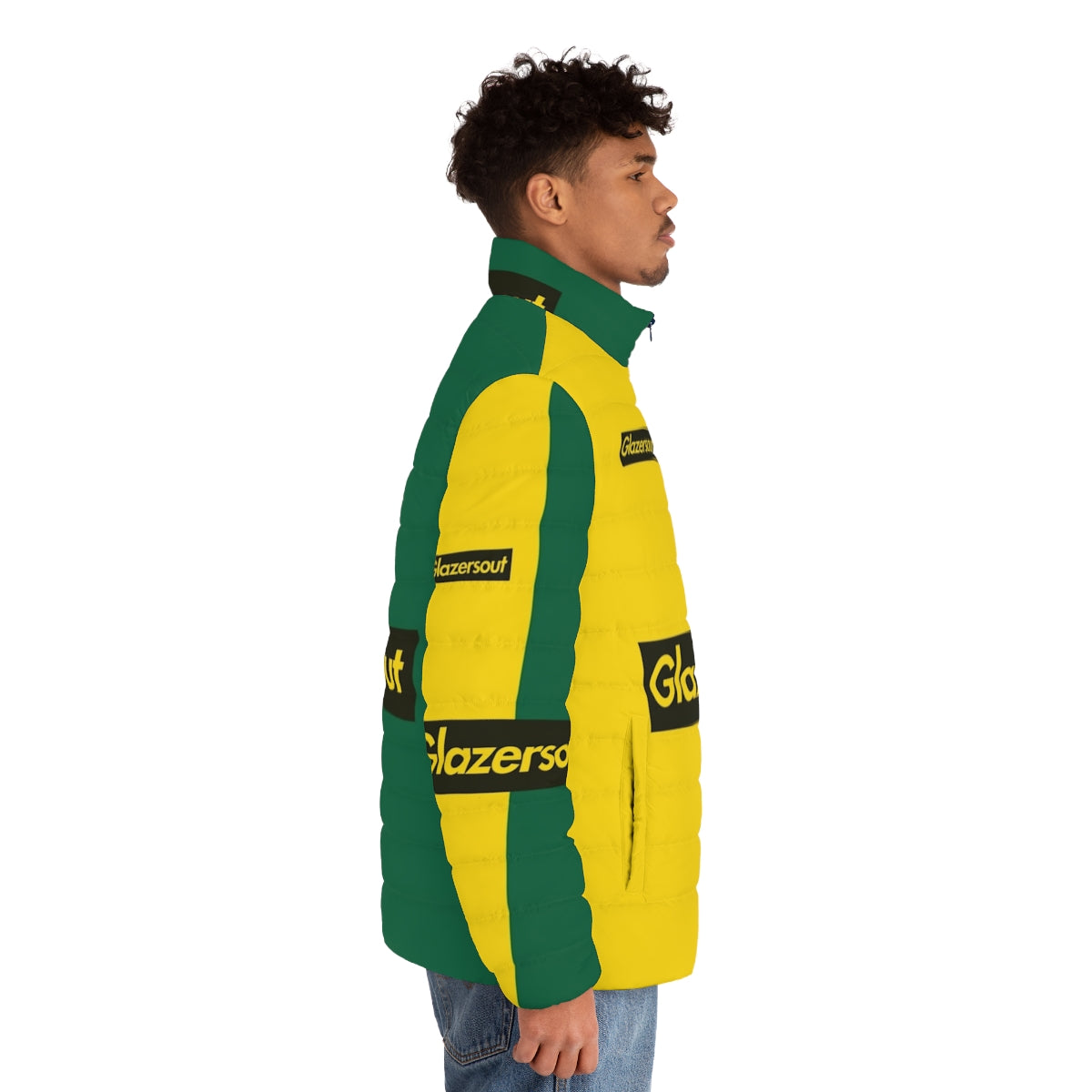 Manchester United Glazers Out Puffer Jacket with Yellow and Green Kit Design - men side right