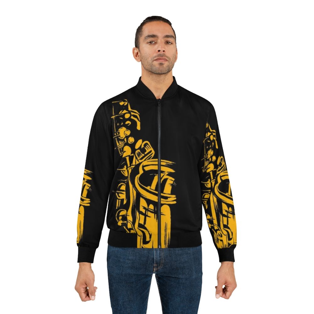 Stylish saxophone-themed bomber jacket with a metallic silhouette design - Lifestyle