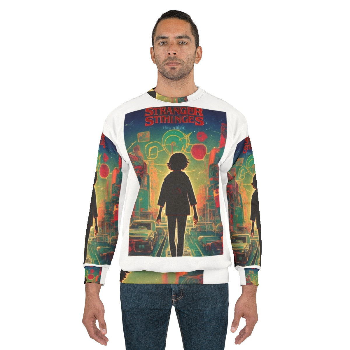 Stranger Things themed sweatshirt featuring characters and imagery from the popular Netflix series - men