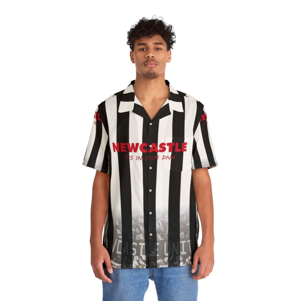 Newcastle United FC Hawaiian Shirt featuring the Magpies crest and colors - People Front