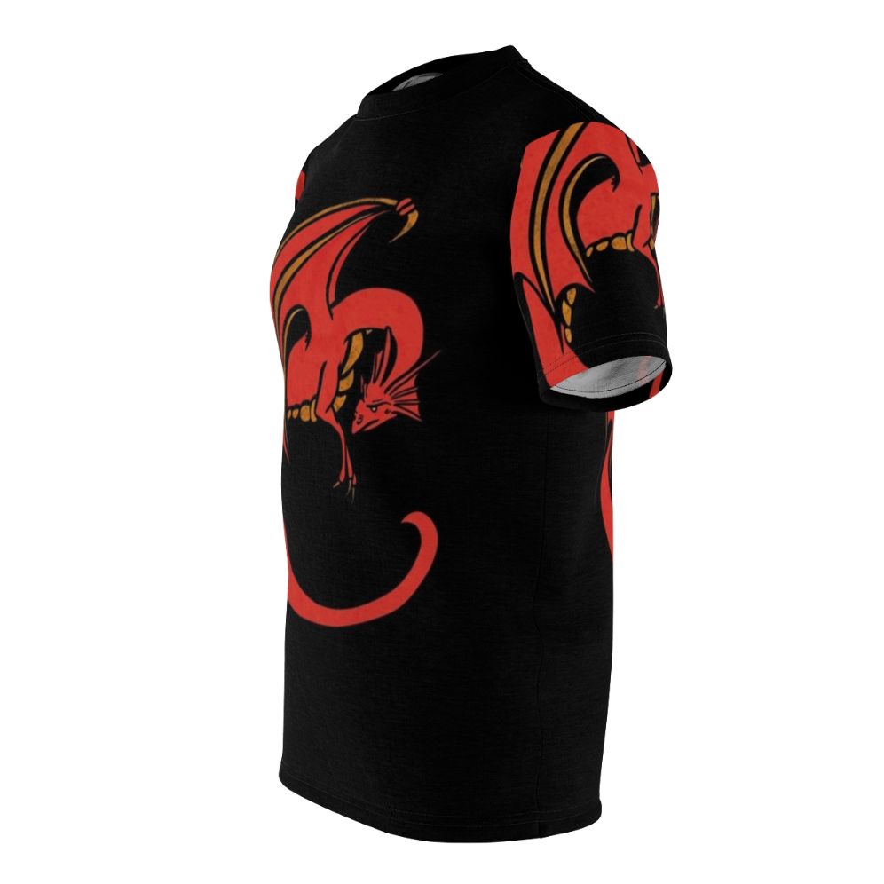 Vibrant red dragon illustration on a high-quality t-shirt for lovers of mythical creatures and fantasy art. - men left