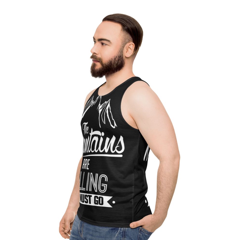 Unisex tank top with "The Mountains Are Calling And I Must Go" design - men side