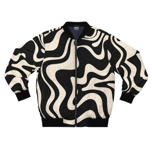 Retro abstract bomber jacket with a liquid swirl pattern in black and almond cream colors