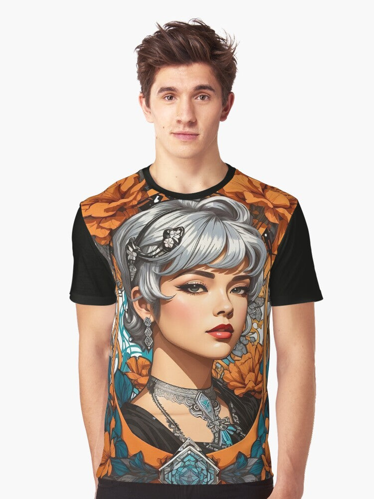 Bohemian silver haired woman wearing a floral retro vintage graphic t-shirt - Men