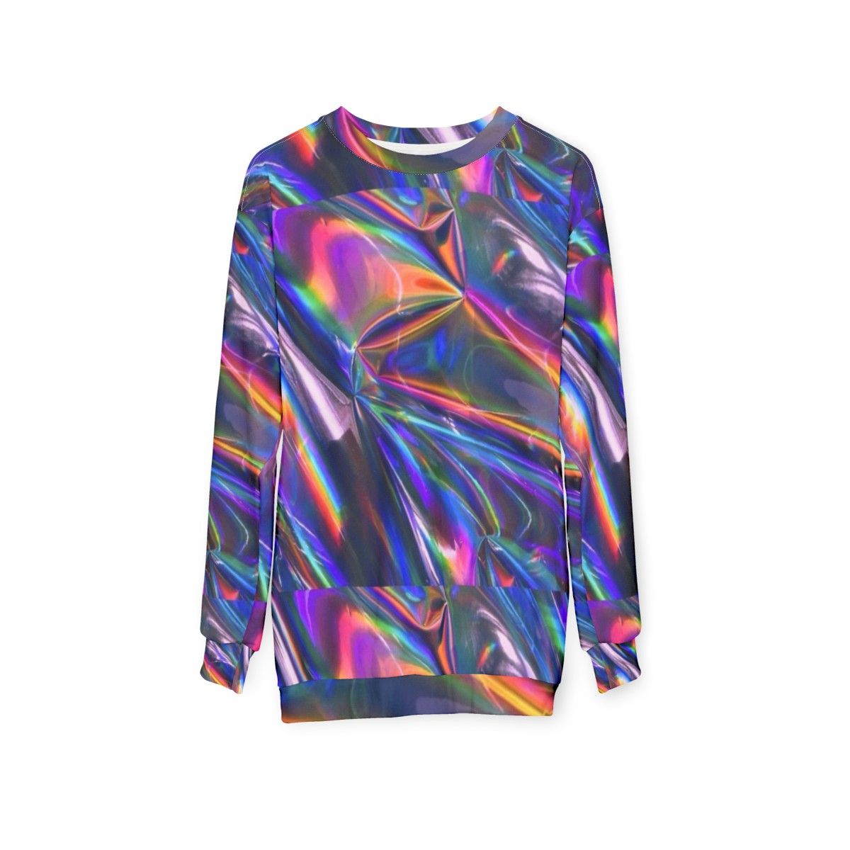 Holographic material sweatshirt with shiny, iridescent texture - hanging