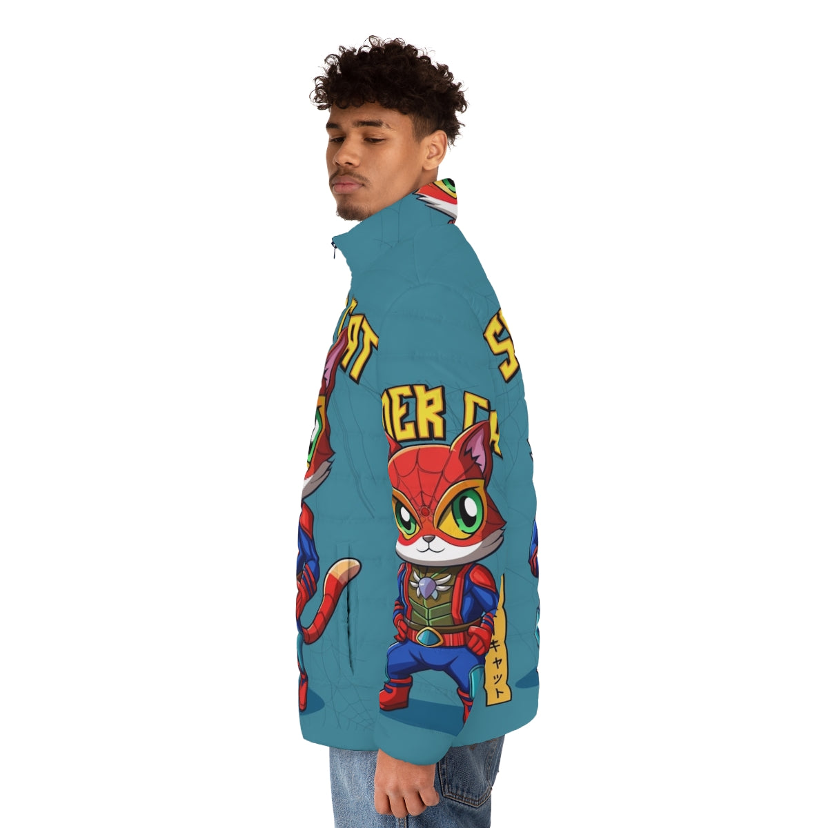 Spider Cat Puffer Jacket featuring a cartoon cat in a superhero-inspired design - men side left