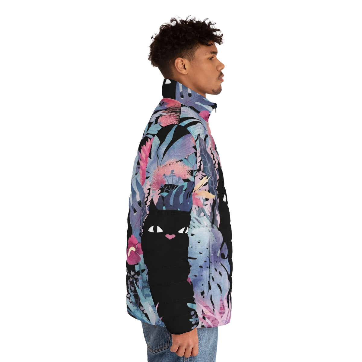 Pastel black velvet puffer jacket with tropical floral design featuring a black cat - men side right