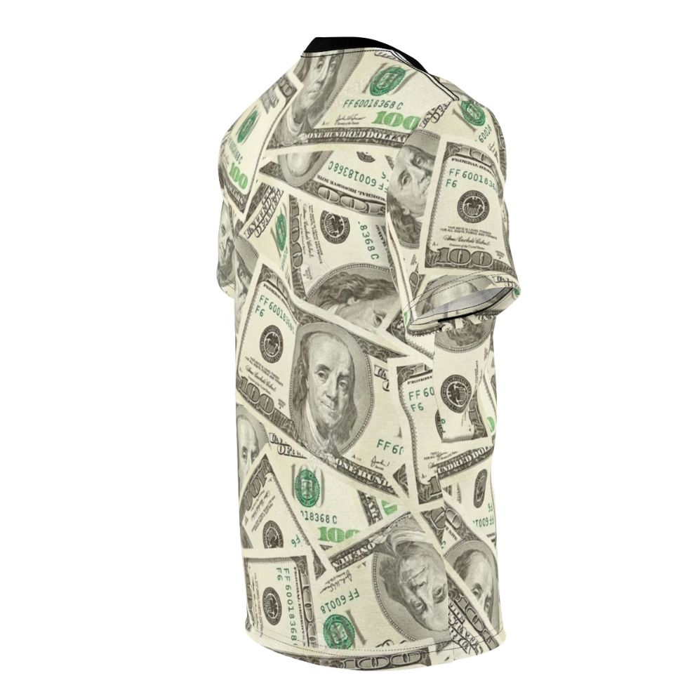 Stylish t-shirt featuring a cool, graphic design of 100 dollar bills. - men right