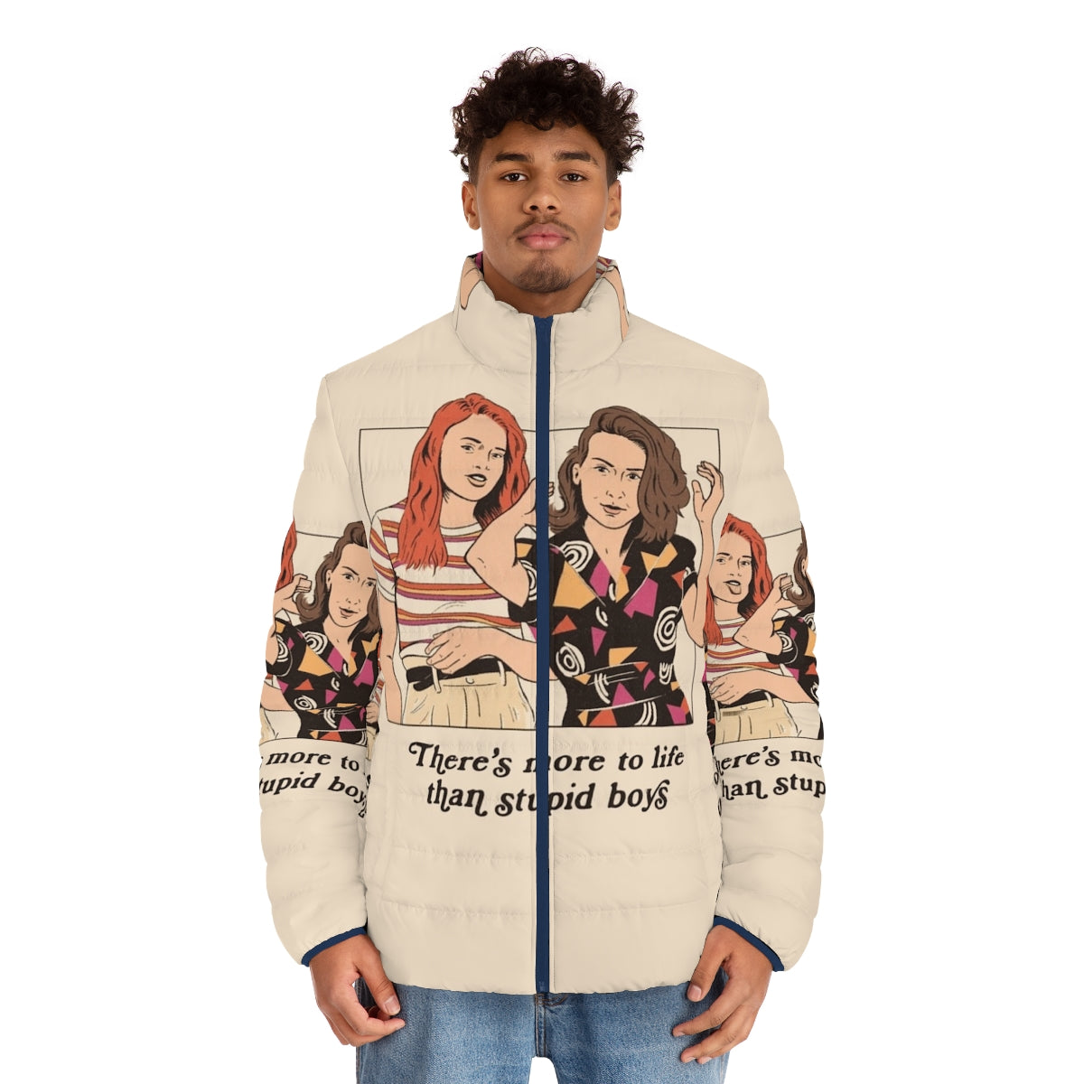 Retro feminist puffer jacket with Stranger Things-inspired design - men front