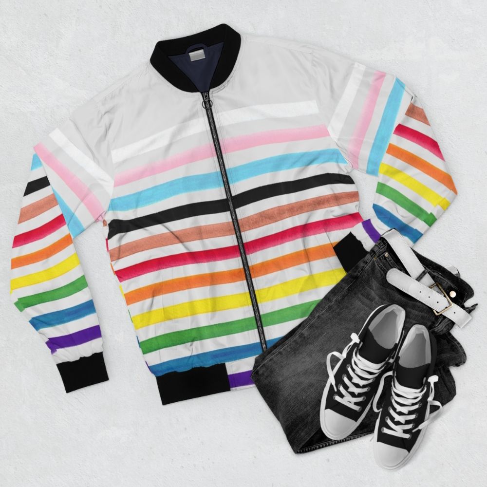 Progress Pride Stripes Bomber Jacket with LGBTQ and Transgender Flags - Flat lay