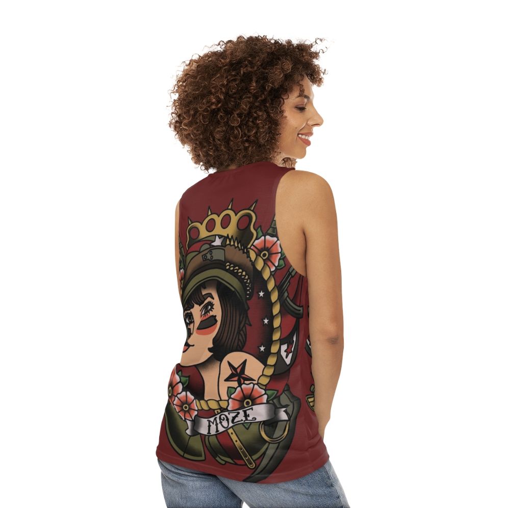 Vintage tattoo art Moze Borderlands unisex tank top - women back