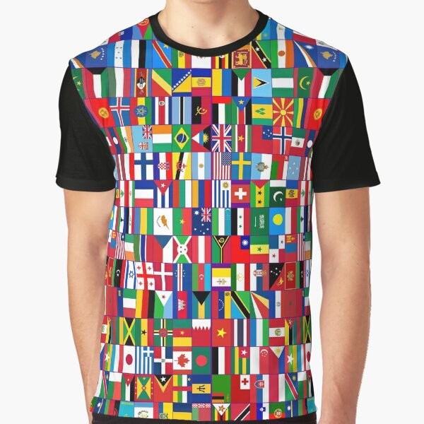 Colorful graphic t-shirt featuring flags of the world, symbolizing global unity and tolerance.