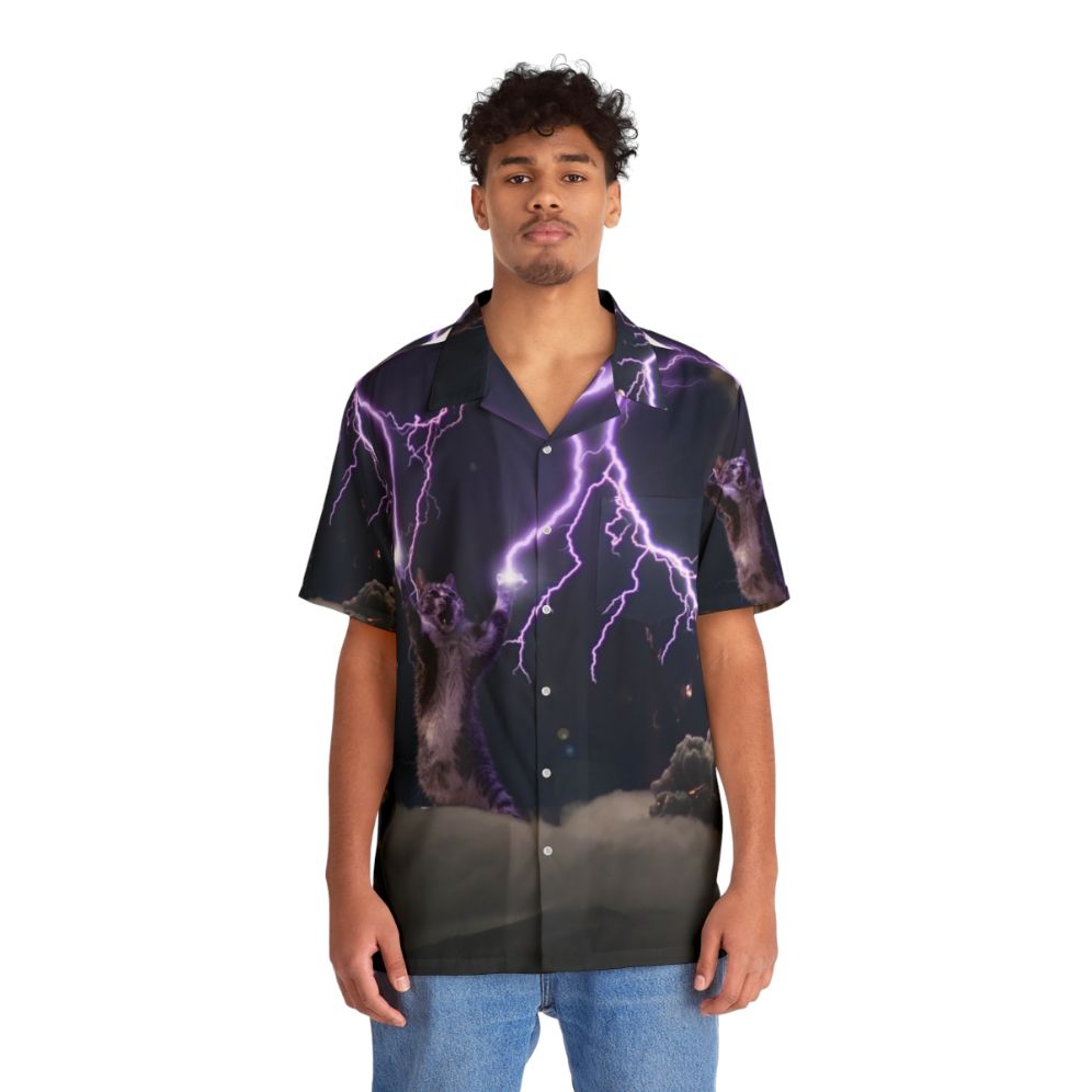 Cat Lightning Hawaiian Shirt with Tropical Print - People Front