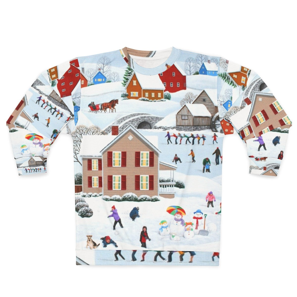 Winter folk art sweatshirt with snow landscape and Christmas holiday imagery