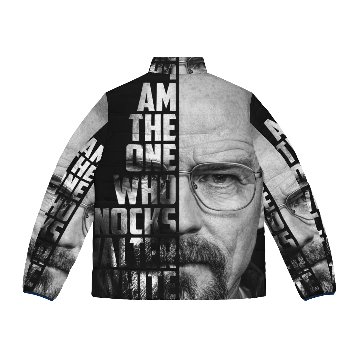 "Breaking Bad 'I Am The One Who Knocks' Puffer Jacket featuring Walter White in a chemistry-themed design" - Back