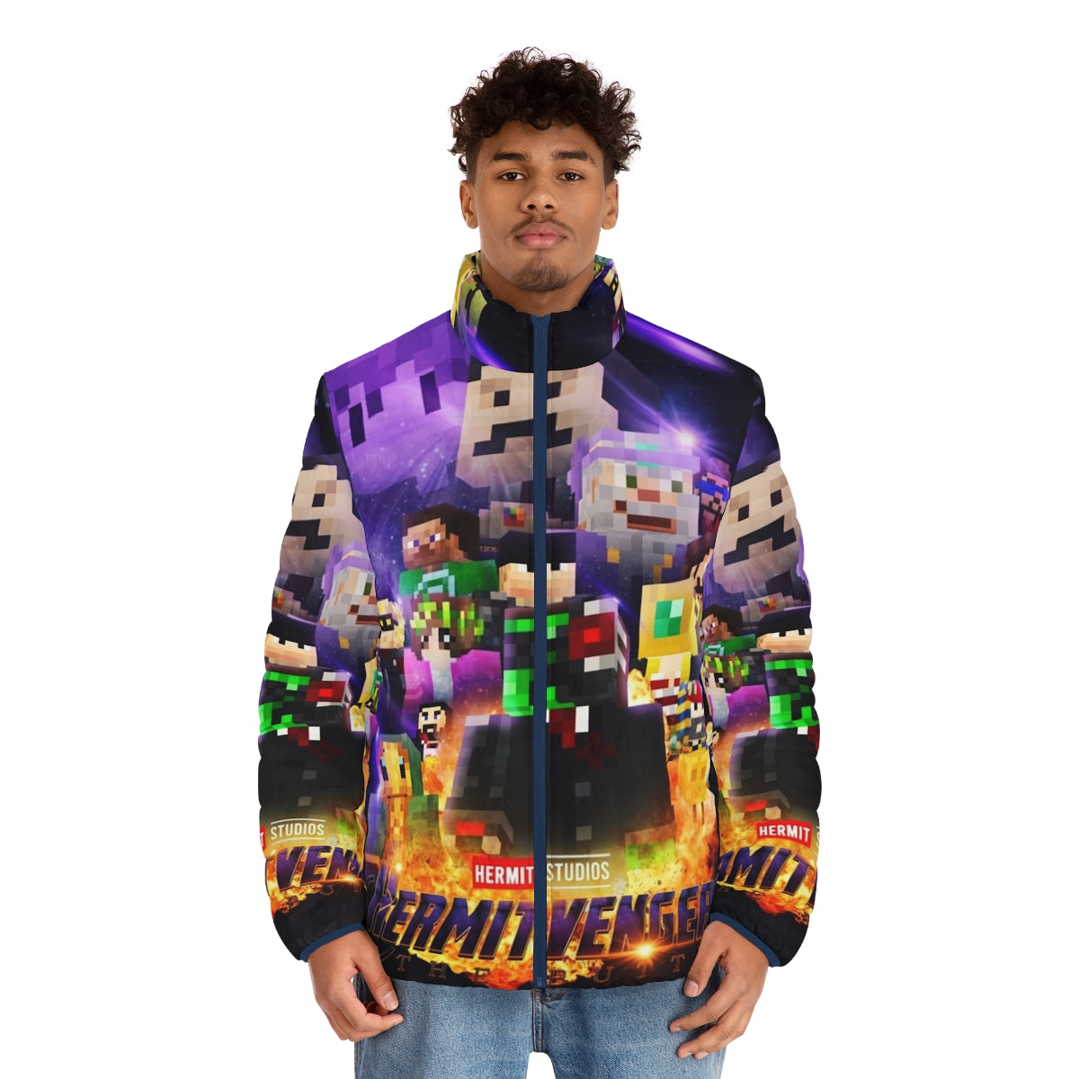 Hermitcraft Puffer Jacket featuring the Button design from Avengers Endgame and Minecraft - men front