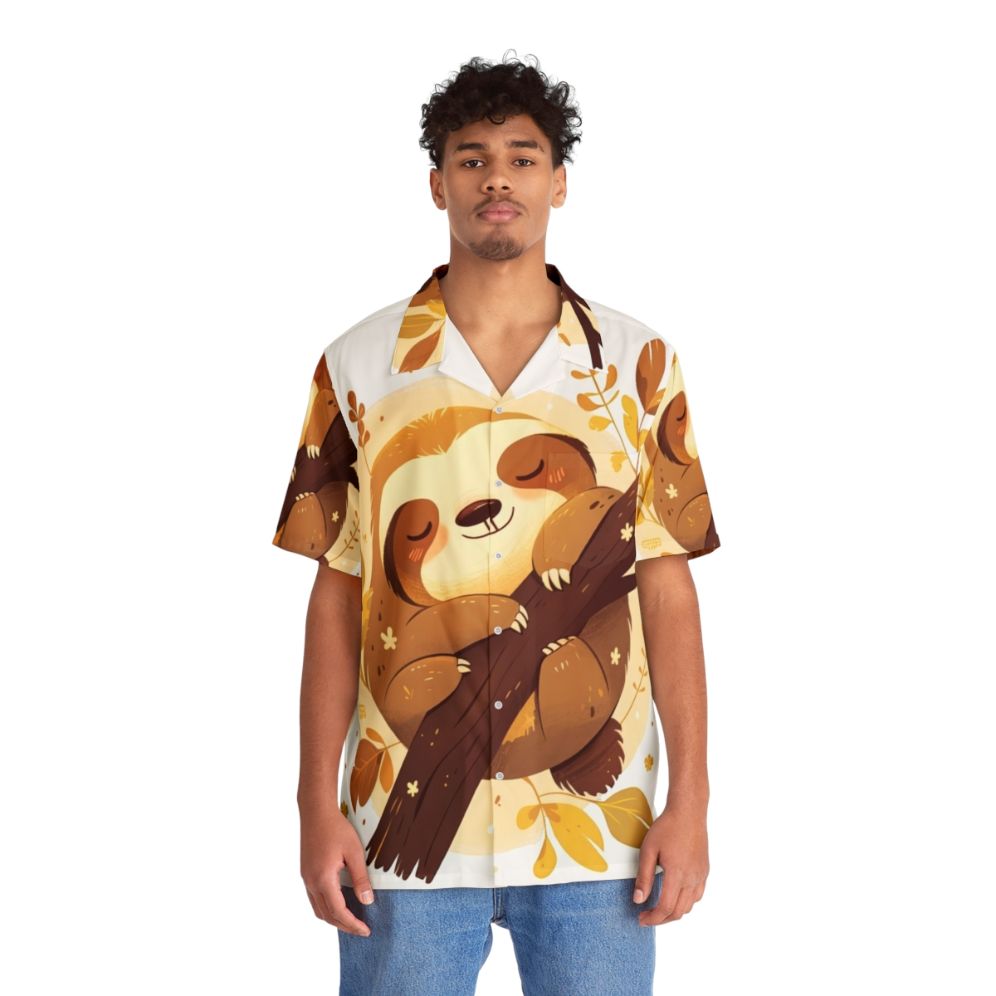 Cute cartoon sloth relaxing on tree branch wearing Hawaiian shirt - People Front