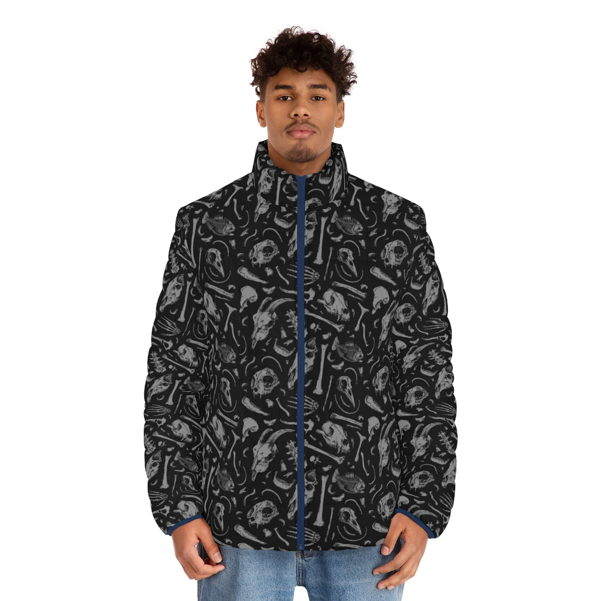 Bones Puffer Jacket - A dark and edgy patterned winter coat featuring a skull and cat design - men front