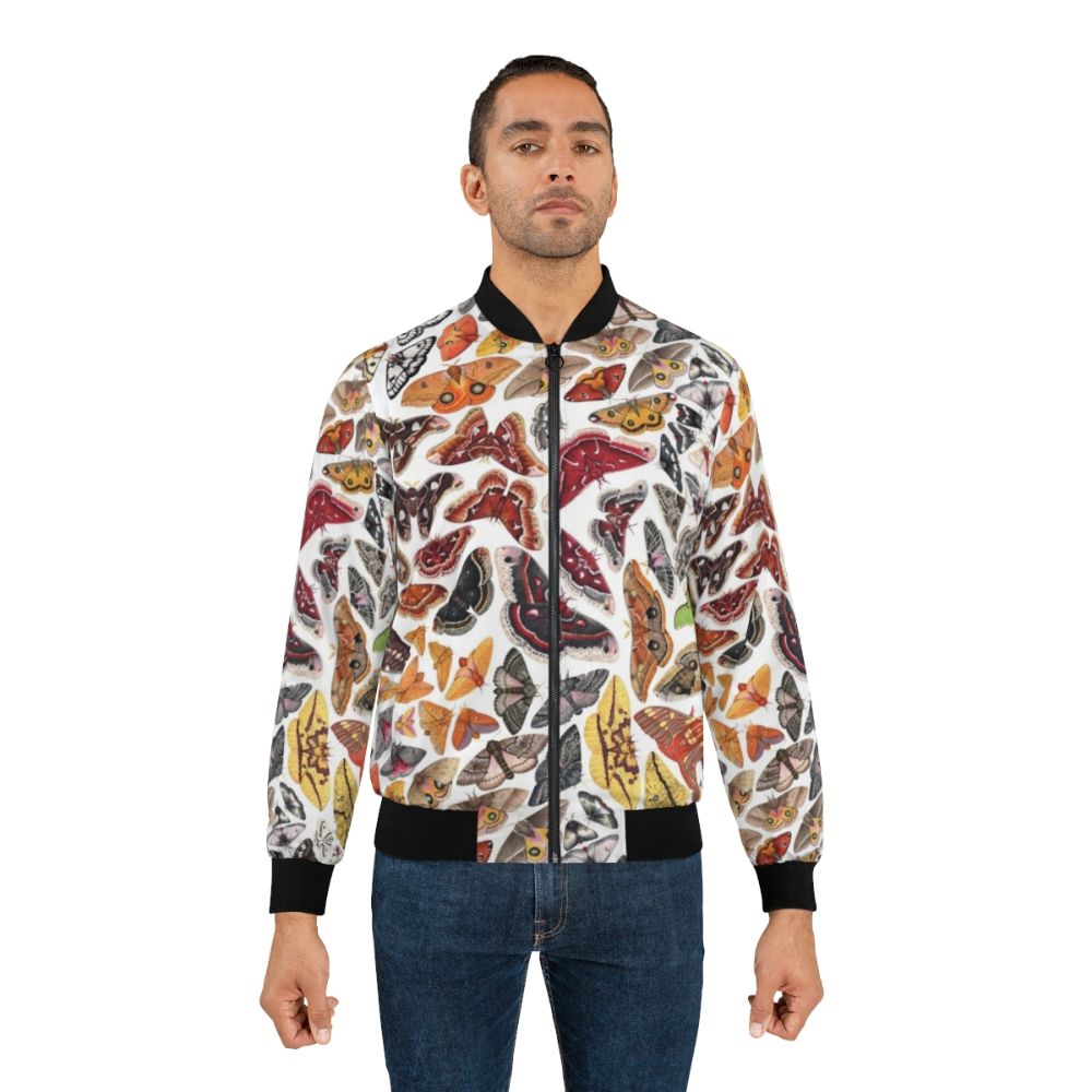 Bomber jacket featuring a pattern of saturniid moths native to North America - Lifestyle