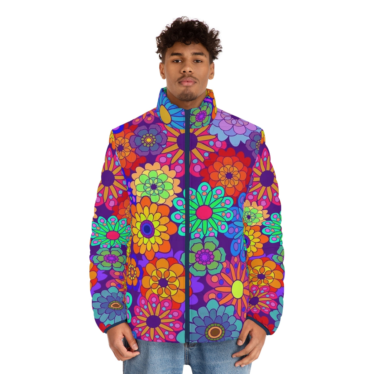 Colorful retro-style puffer jacket with flower power floral design - men front