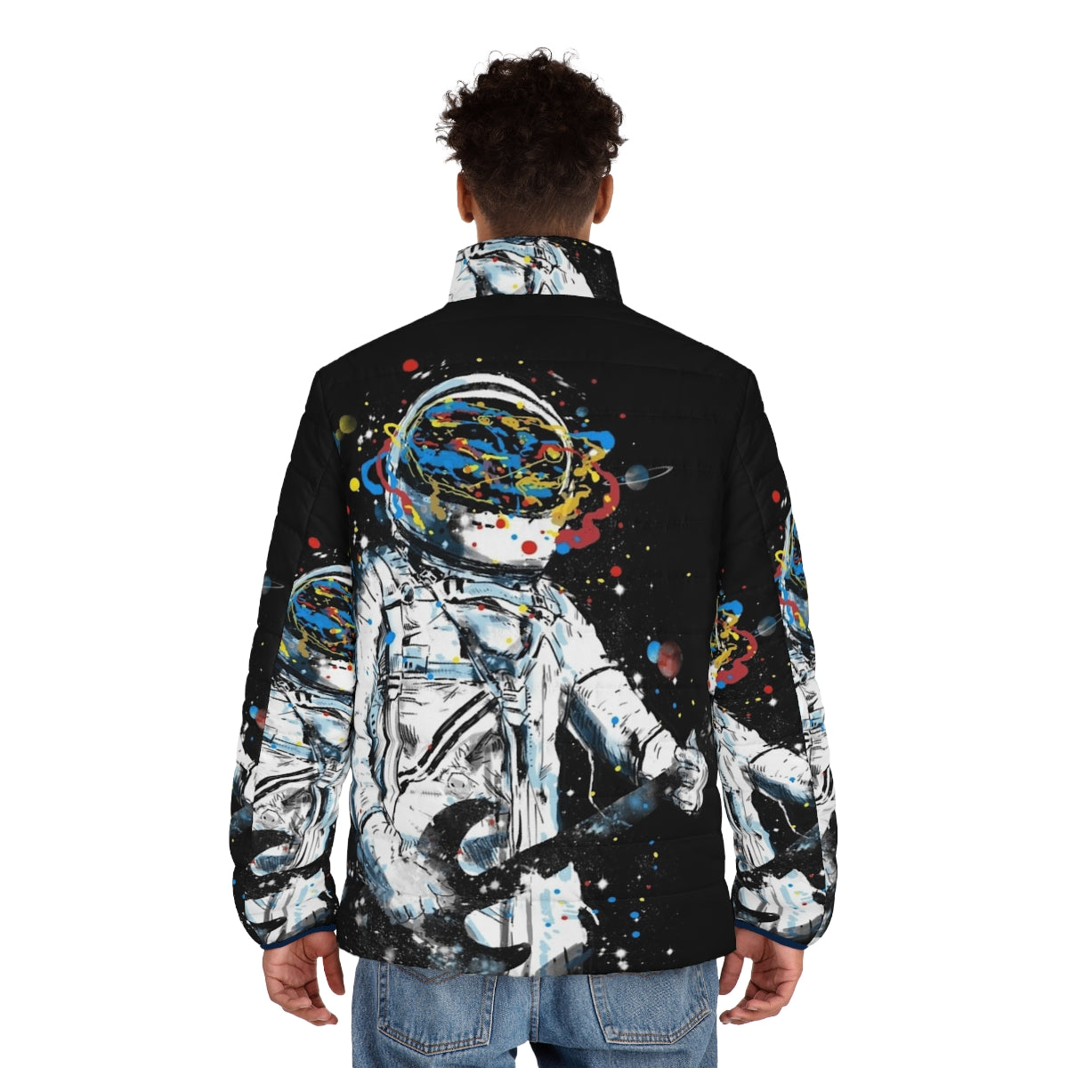 Space guitar puffer jacket with astronaut design - men back