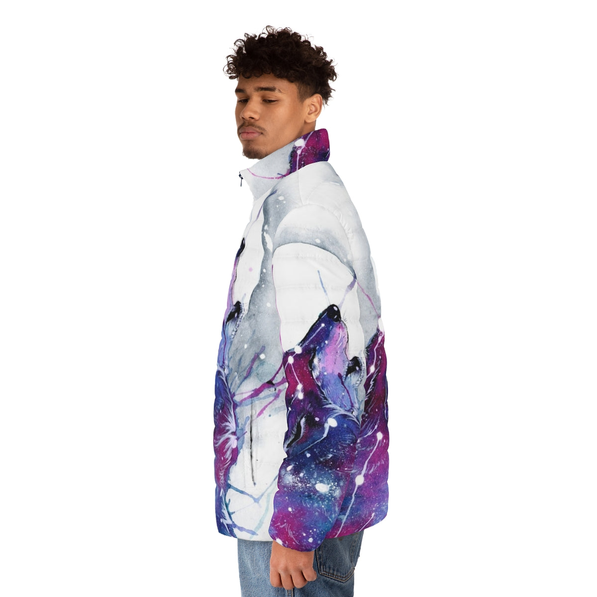 A galaxy-inspired puffer jacket with a wolf design, perfect for cosmic and celestial adventures. - men side left