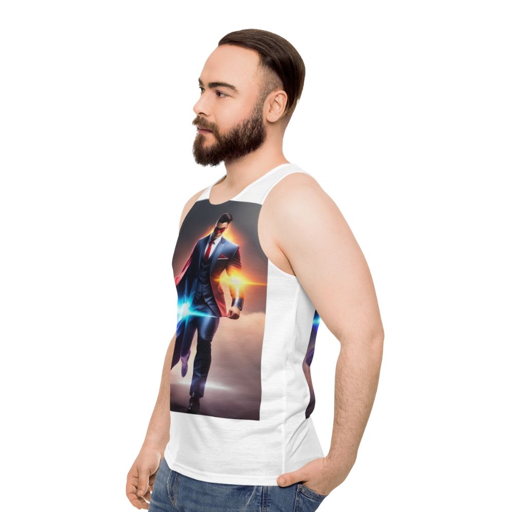 Unisex superhero tank top with graphic slogan design - men side