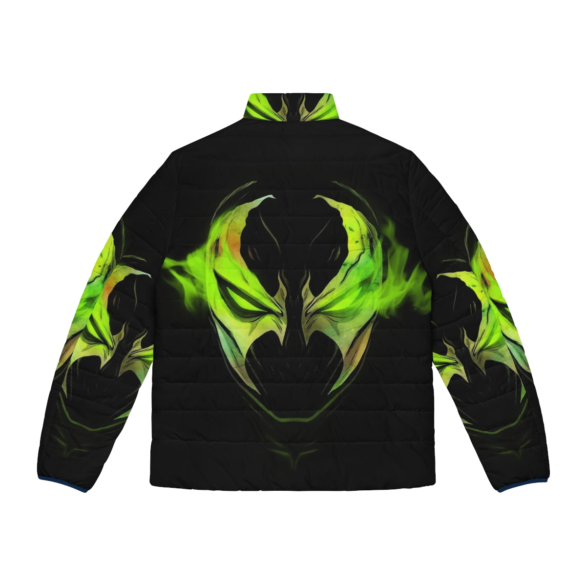 Lithium Spawn puffer jacket in a dark green color with powerful superhero design - Back