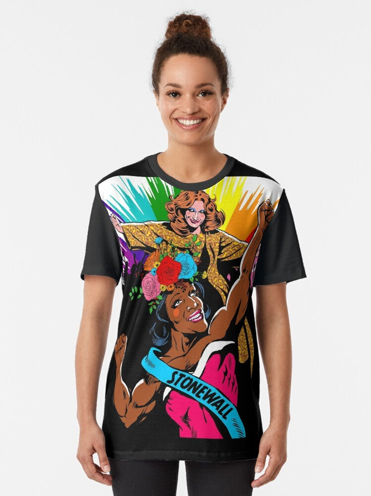 Stonewall Sisters LGBTQIA+ graphic t-shirt featuring a design celebrating pride and equal rights - Women