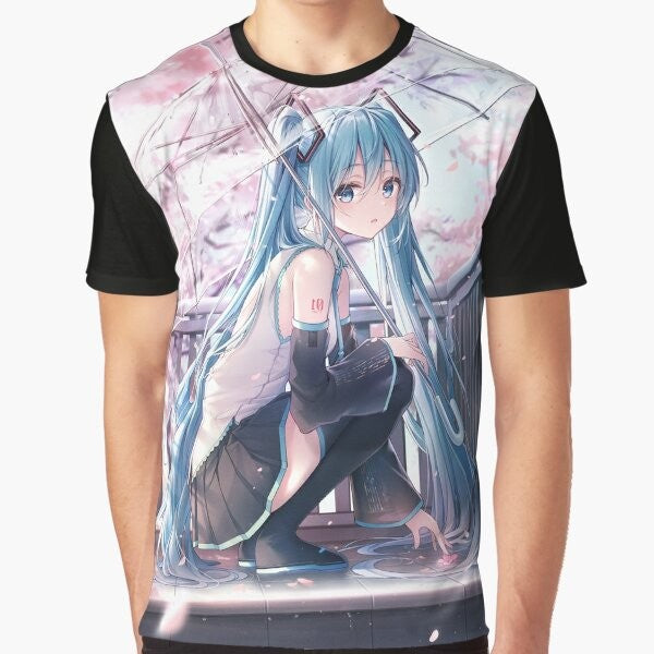 Hatsune Miku, a popular anime character, featured on a vibrant graphic t-shirt.