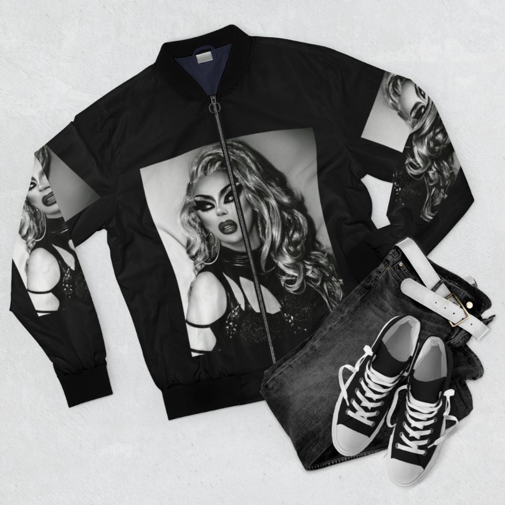 Icesis Couture Bomber Jacket for Drag Race Fans - Flat lay