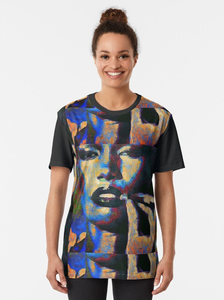 Grace Jones inspired graphic t-shirt featuring a street art-style illustration of the iconic musician - Women