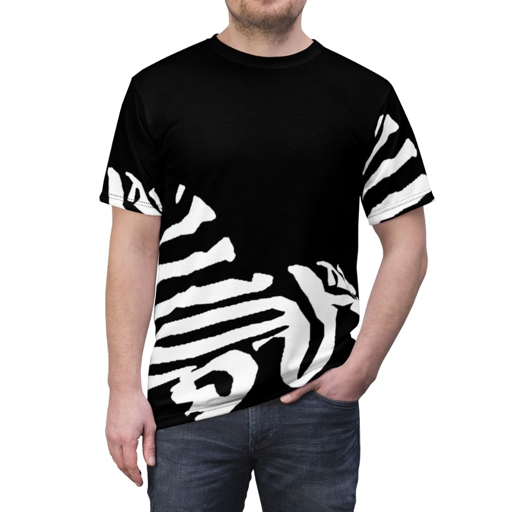 A T-shirt featuring a graphic design of a zebra pleco, a popular striped freshwater aquarium fish. - men front