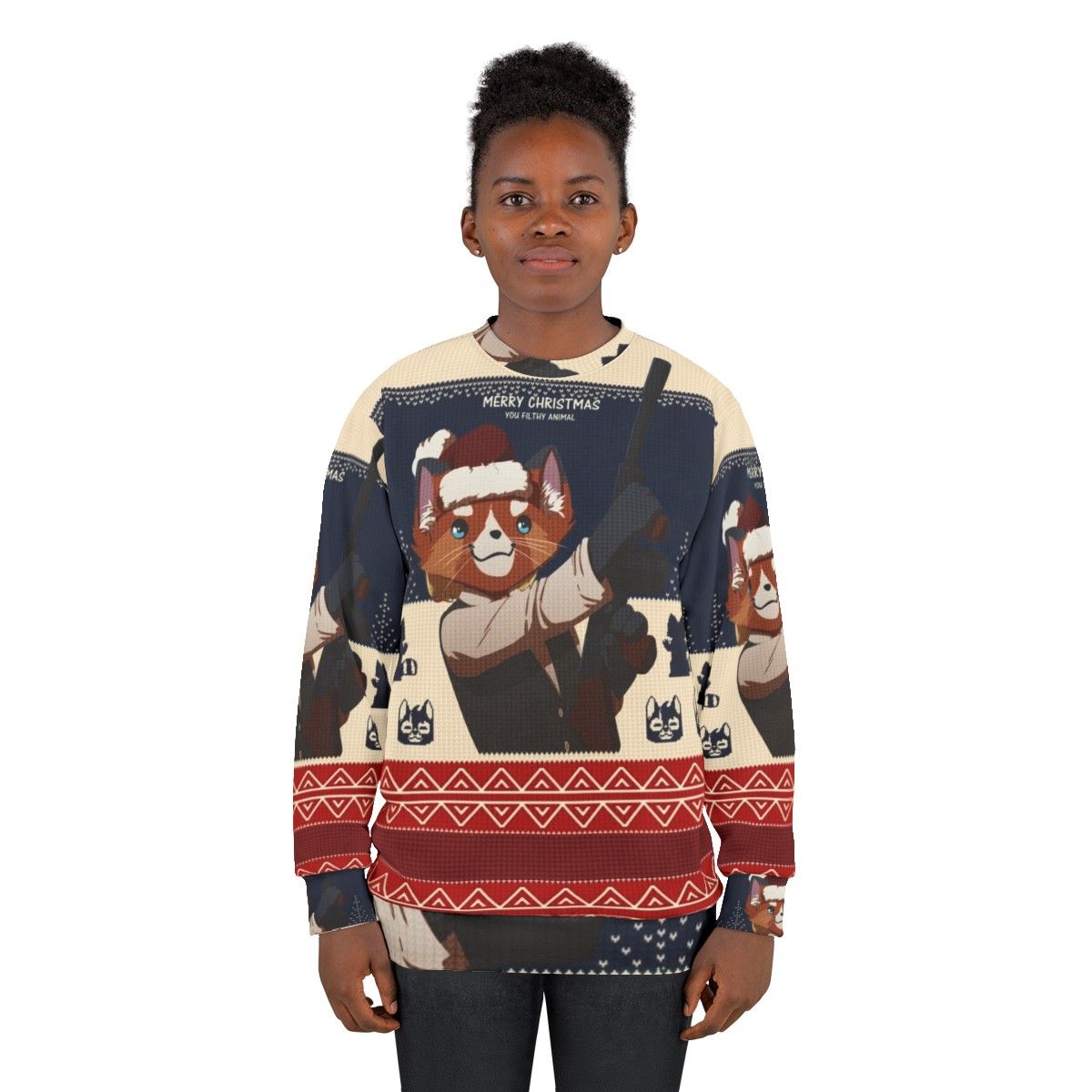 "Merry Christmas You Filthy Animal" Home Alone Inspired Sweatshirt with Red Panda and Feretta - women