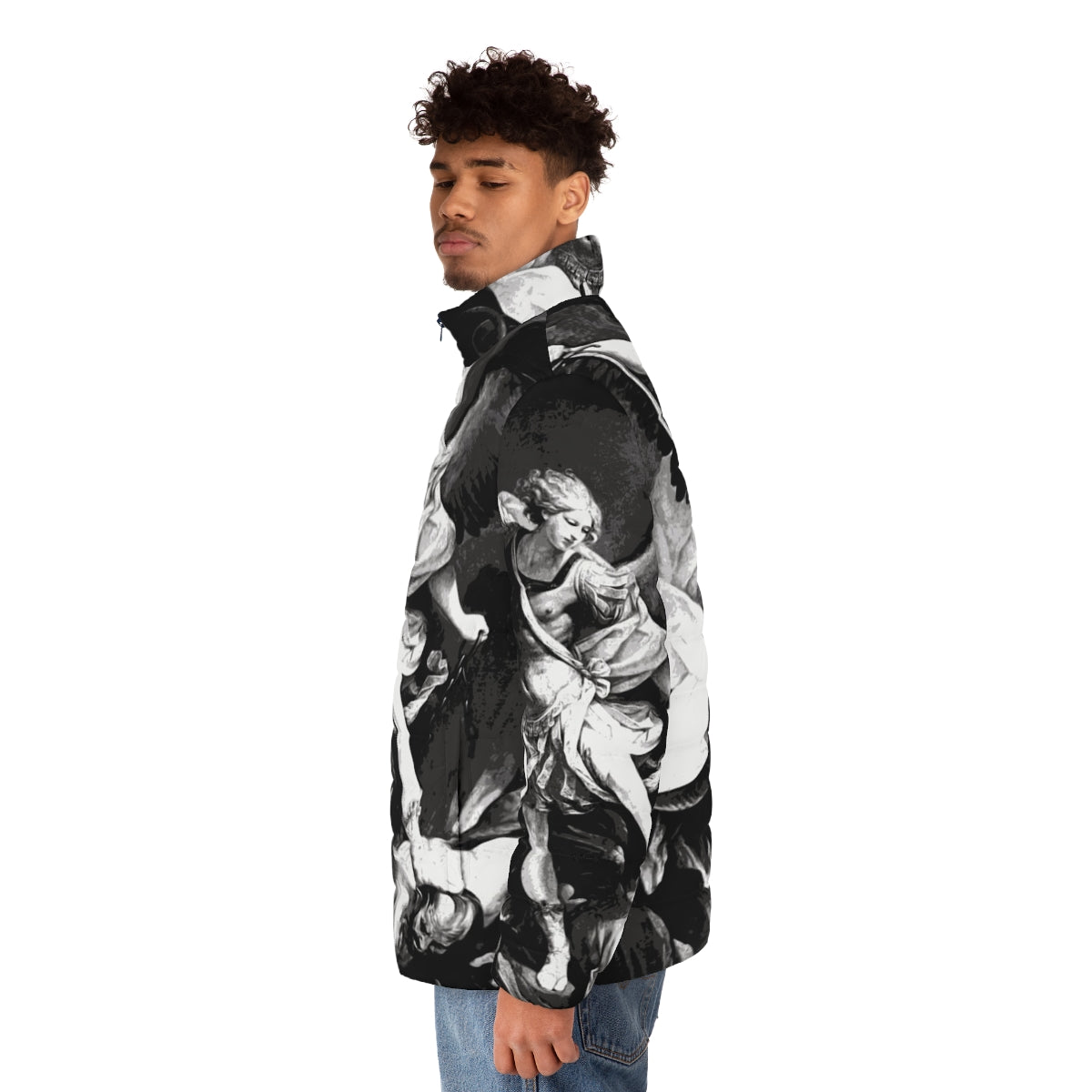 Saint Michael Archangel Puffer Jacket featuring the heavenly warrior's iconic image - men side left