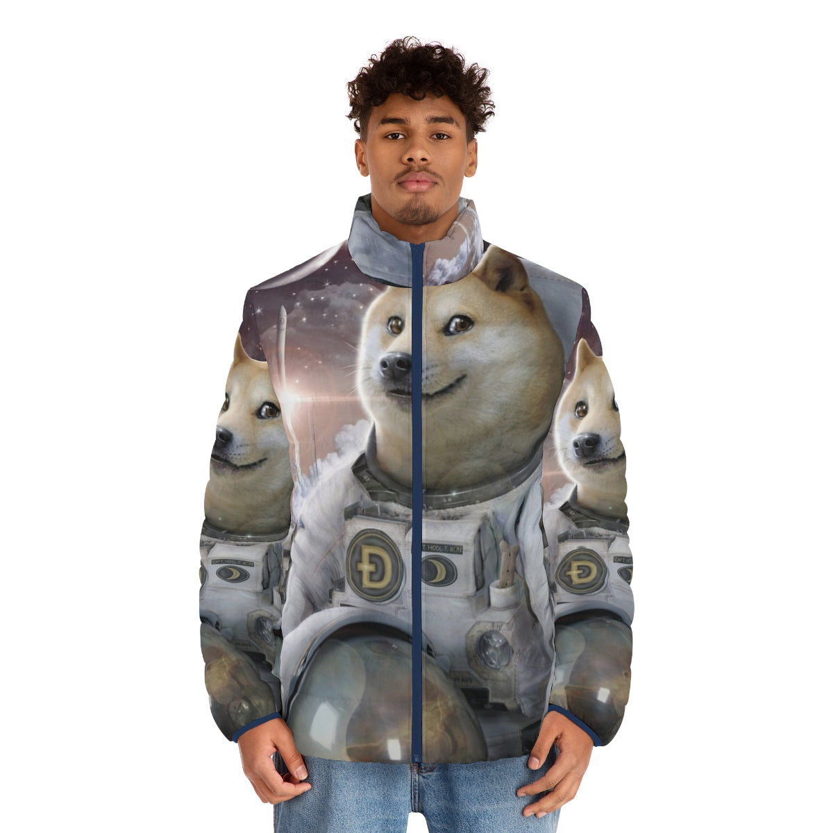 Doge astronaut puffer jacket with galaxy and space motifs - men front