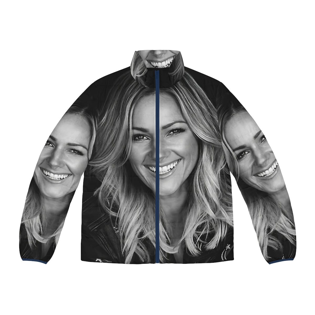 Helene Fischer wearing a stylish black and white puffer jacket with a collage-like design