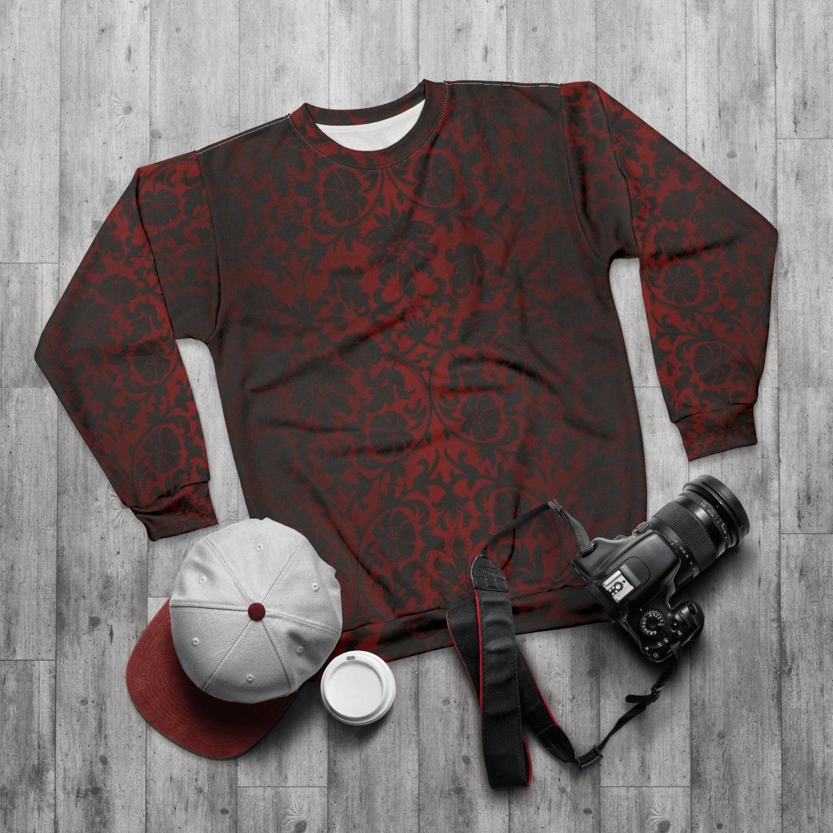 Dark red and black damask pattern sweatshirt - flat lay