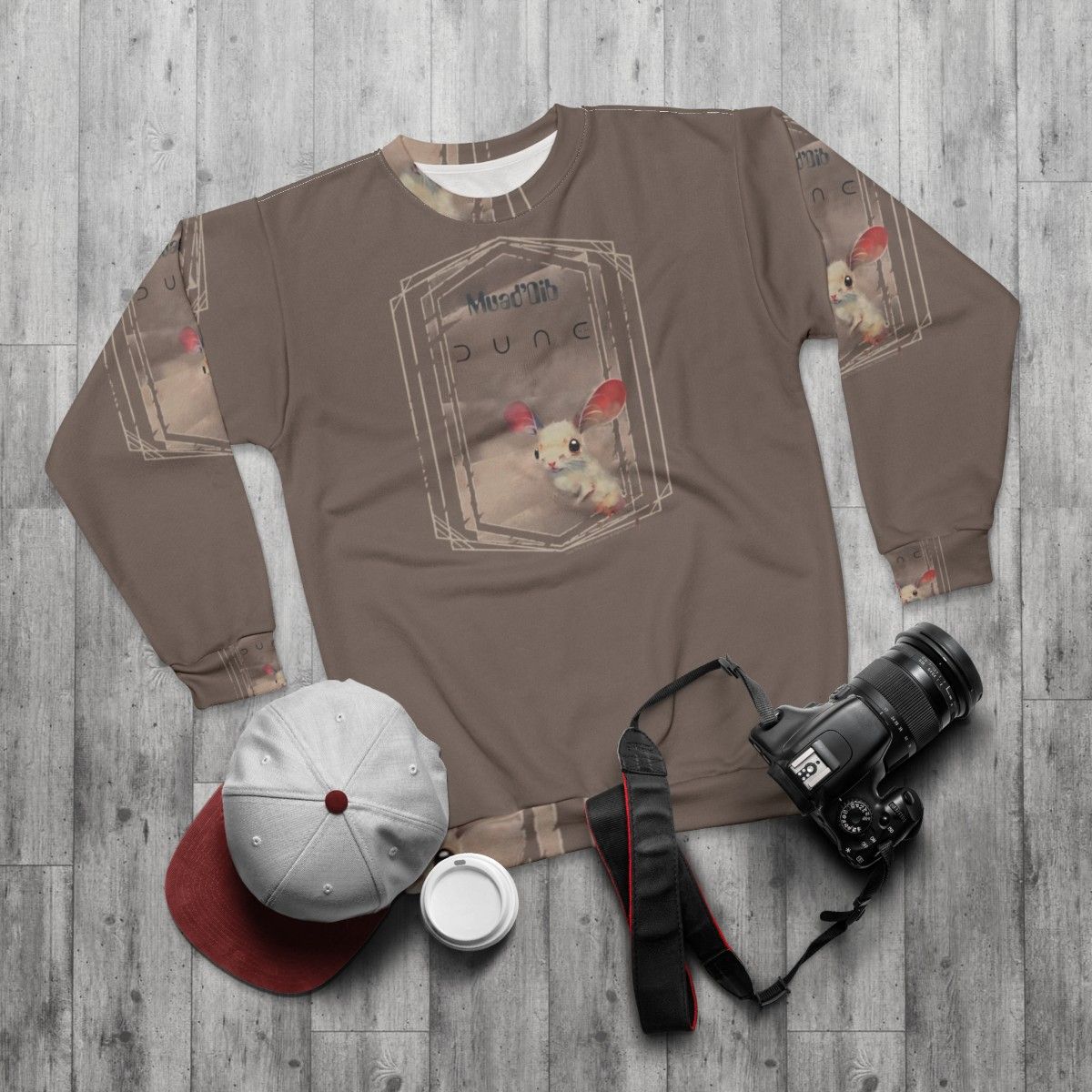 Dune-inspired sci-fi sweatshirt with desert sand mouse design - flat lay