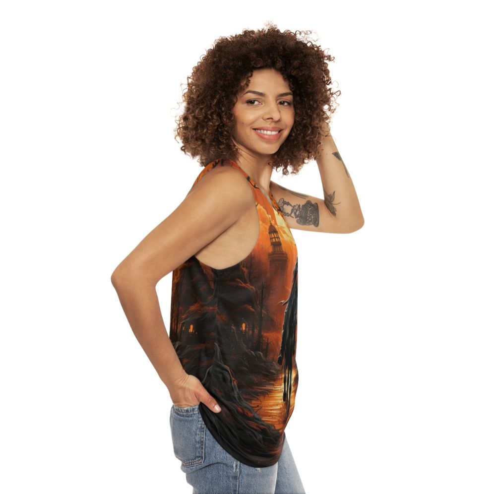 Unisex tank top with ghostly headless horseman design - women side