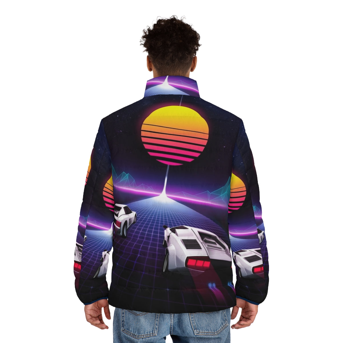 Neon Puffer Jacket with Cosmic Sky and Race Car Inspired Design - men back