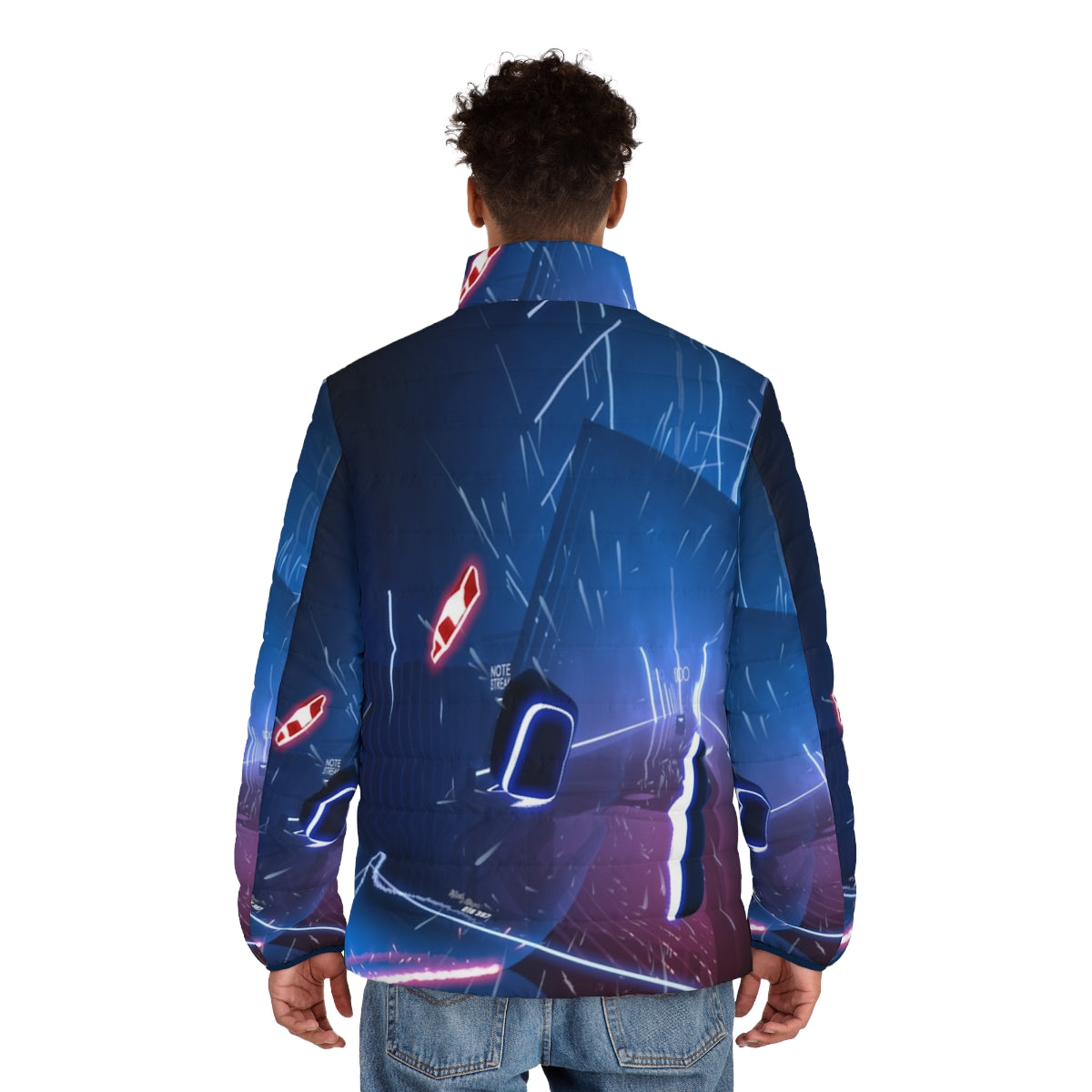 A person wearing a virtual world puffer jacket with neon lights and cyberpunk design - men back