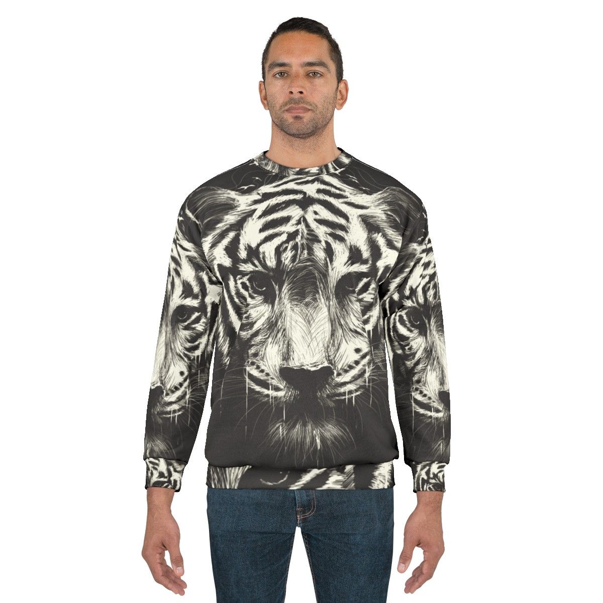 Interconnected sweatshirt with surreal, photorealistic tiger and bird graphics - men