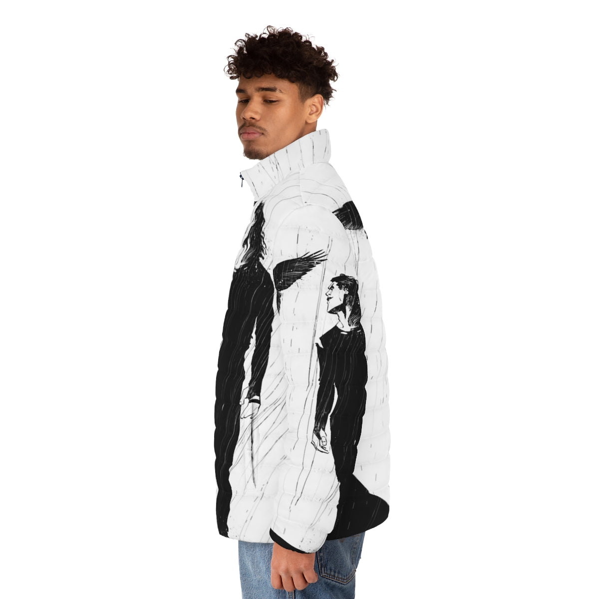 The Raven Puffer Jacket featuring Brandon Lee in a black and white photo - men side left