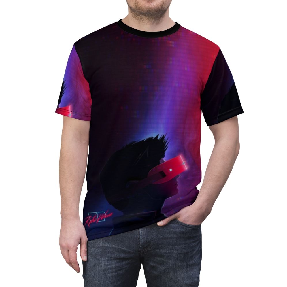 Retro futuristic virtual reality-inspired t-shirt with cyberpunk retrowave design - men front