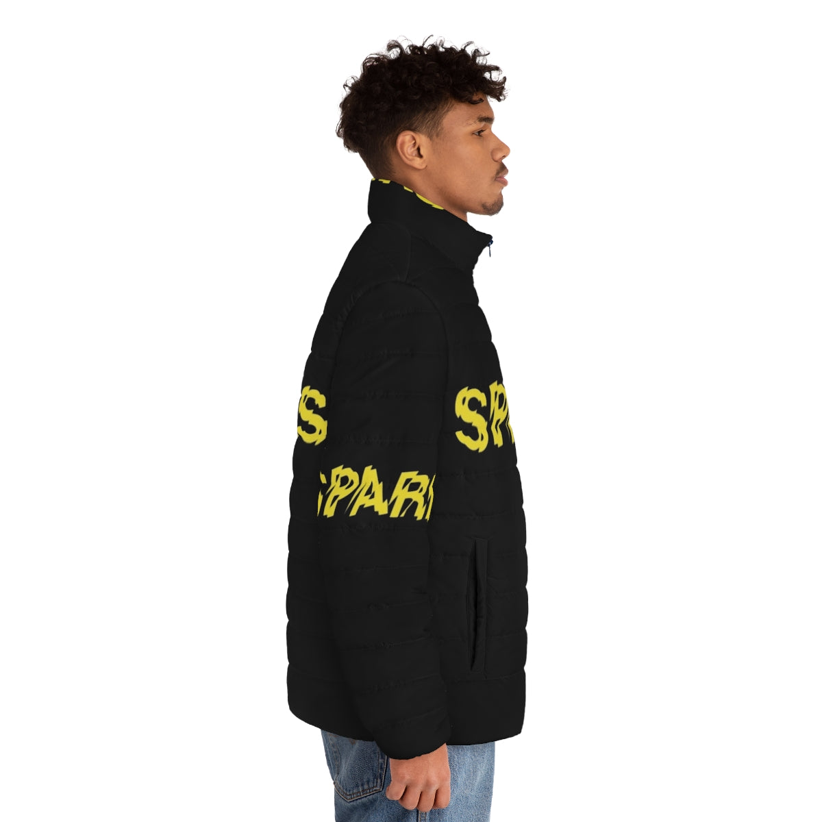 Model wearing the Sparks Puffer Jacket, a stylish and warm winter coat with a synth pop and glam rock inspired design. - men side right