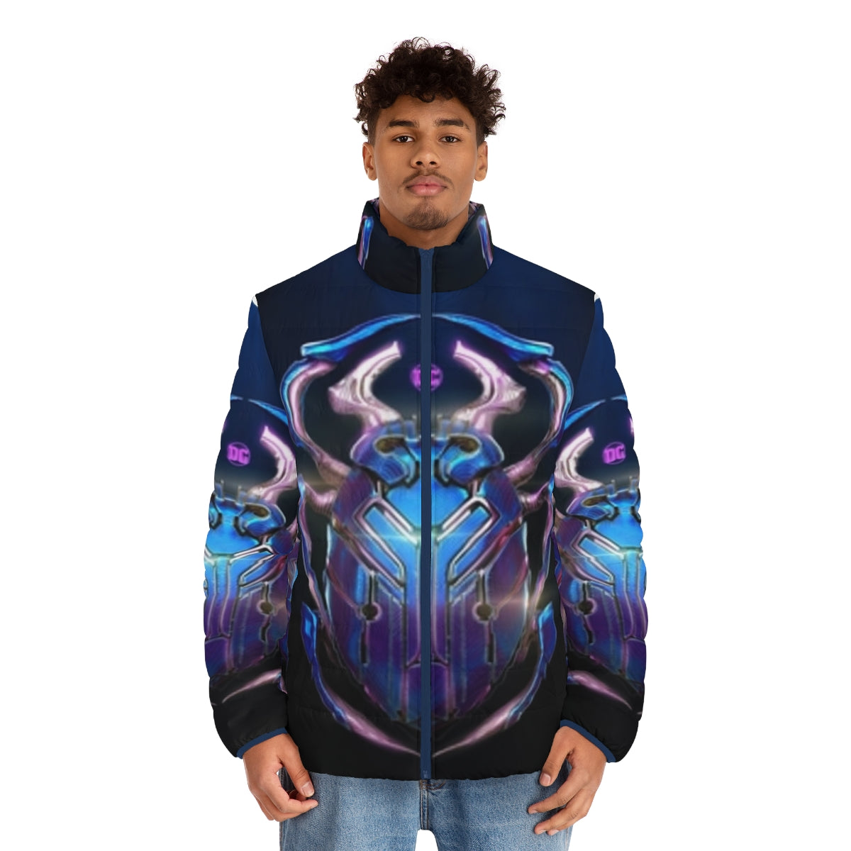 Blue and green puffer jacket featuring the Blue Beetle superhero design - men front