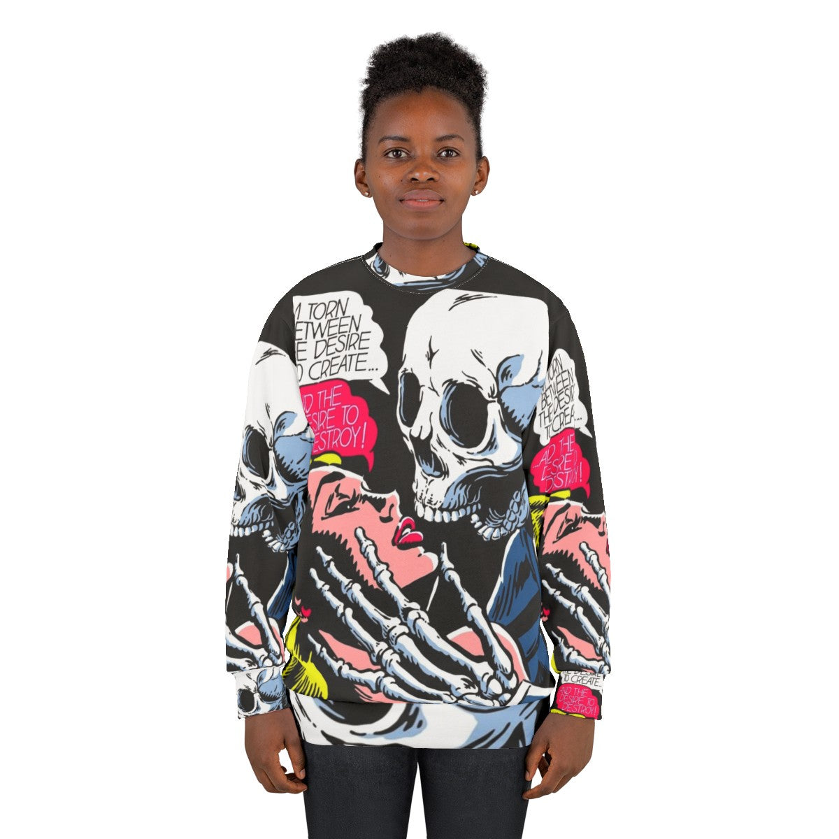 Desire Sweatshirt with Skull, Vintage Comics, and Romance Imagery - women