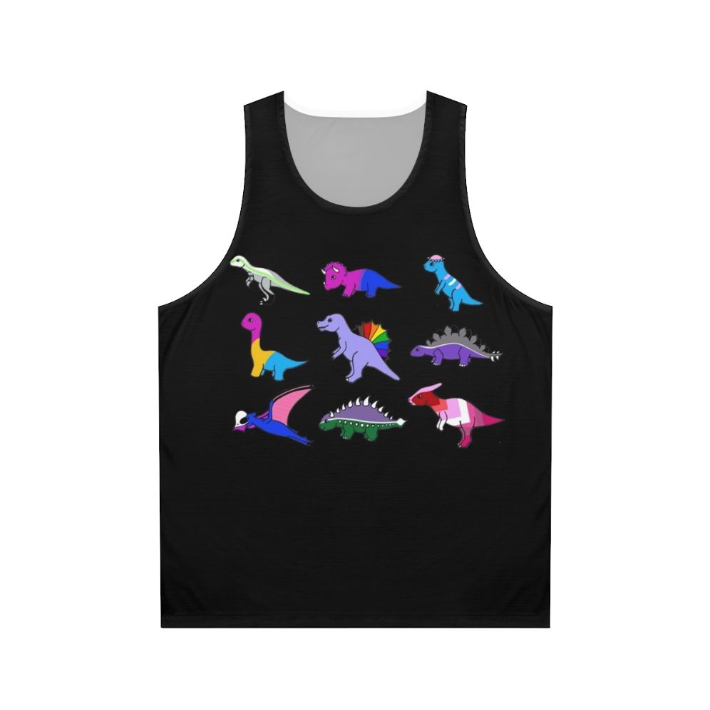 Colorful pride dinosaur print on a unisex tank top