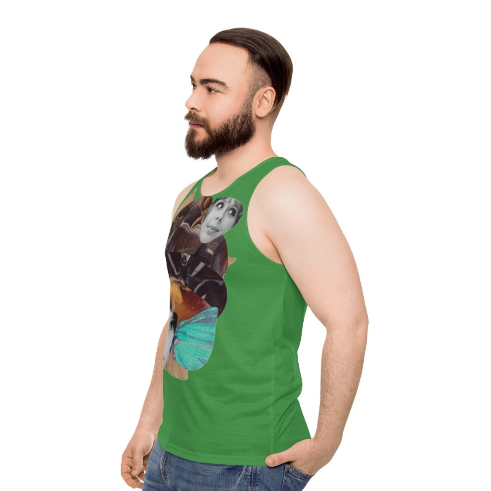 Sedmikrasky unisex tank top featuring collage design inspired by Czech experimental cinema - men side